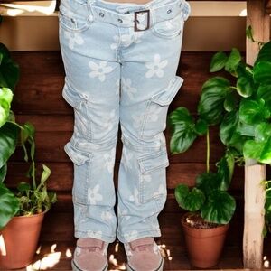 GIRLS LIGHT BLUE FLORAL BELTED FLARE JEANS. 6X